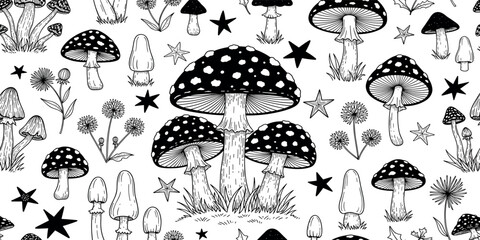 Hand-drawn seamless pattern featuring enchanting fly agaric mushrooms, wildflowers, and mystical stars in a monochrome vector illustration