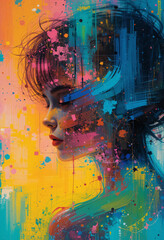 Abstract colorful portrait of woman in modern digital painting style with vibrant brush strokes and creative artistic background design