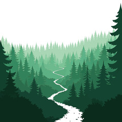 Fototapeta premium Lush green forest landscape with a winding river flowing through the trees.