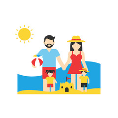 Happy family with two children on a sunny summer beach vacation, holding hands by the sea.