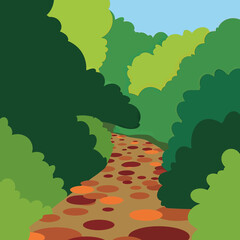 A winding path covered in autumn leaves through a lush green forest illustration.