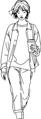 Black bold outline with white background, Minimal line art of person holding coffee takeaway cup walking 3