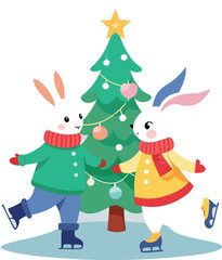 Two cute cartoon bunnies ice skating around a decorated christmas tree