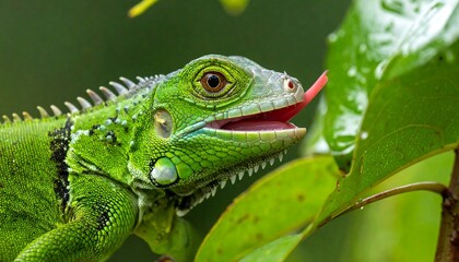 Obraz premium Close-up shot of a vibrant green iguana with its tongue extended, clinging to leafy green foliage. Its scales are textured