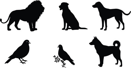 Animal silhouette vector set featuring lion, dogs, birds in various poses for wildlife icon design, pet graphics, and nature themes