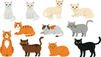 Cartoon cat vector set with diverse colors, poses, facial expressions, cute animal illustrations for kids, design, decor, and education