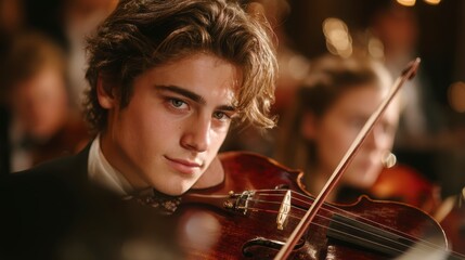 Fototapeta premium Young Male Musician with Violin in Classical Concert Setting