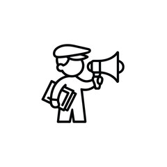 Cartoon man in cap holding megaphone and book announcing something important