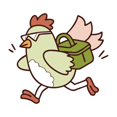 Funny cartoon chicken wearing sunglasses and running with a green lunch bag on its back in a hurry