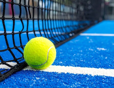 A vibrant yellow tennis ball rests on a brilliant blue court, near a black net.