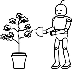 Continuous Line Art of Robot Gently Watering a Plant, Minimalist Technology Vector, Creative Robot Illustration, Modern Gardening Design