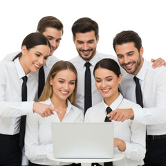 Fototapeta premium A diverse group of professionals collaborating enthusiastically around a laptop sharing ideas and success isolated on transparent background