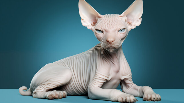 Portrait of a poised hairless Sphynx cat with blue eyes on a teal backdrop - Powered by Adobe