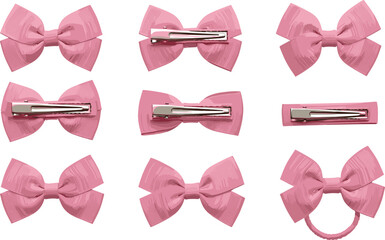 Pink hair bow vector set with various clip types, elastic bands, decorative styles for fashion, crafting, kids accessories, and design