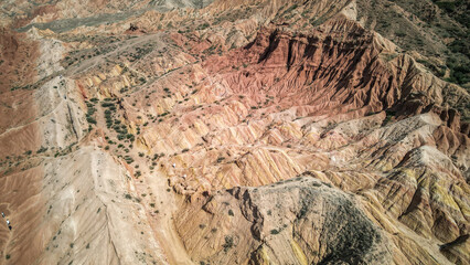 The aerial view of the Skazka Canyon in Kyrgyzstan
