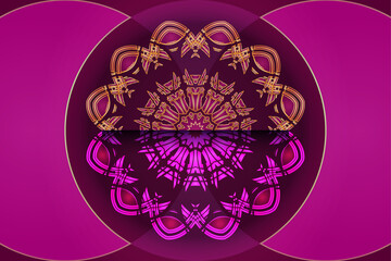 Decorative crown mandala with golden floral vine motifs on maroon and purple abstract art