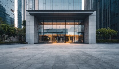 Modern office building entrance, paved plaza