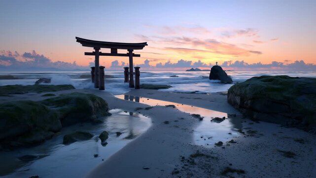 海辺の鳥居と朝焼けの静かな風景
