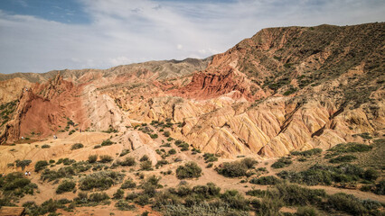 The aerial view of the Skazka Canyon in Kyrgyzstan