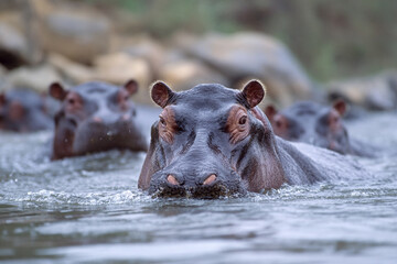 Fototapeta premium Group of African hippos in a river, partially submerged in water under natural sunlight.