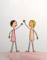 Two stick figures waving