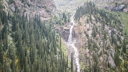 The aerial view of Barskoon Waterfall in Kyrgyzstan