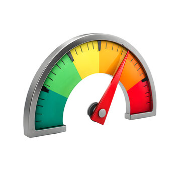 A colorful speed indicator gauge with a red needle pointing towards the high end isolated on transparent background