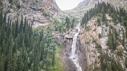 The aerial view of Barskoon Waterfall in Kyrgyzstan
