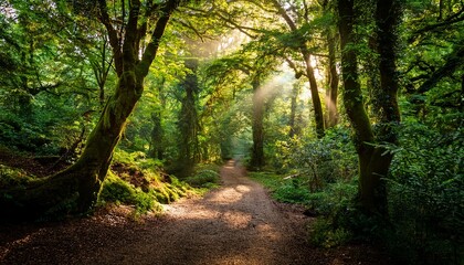 Obraz premium Lush Green Forest Canopy Sunlight Dappled Path