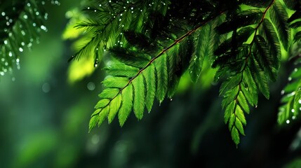 Close-Up of Lush Green Fern Leaves with Raindrops on Surface