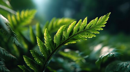 Lush Green Fern Leaves with Morning Dew in Soft Natural Light