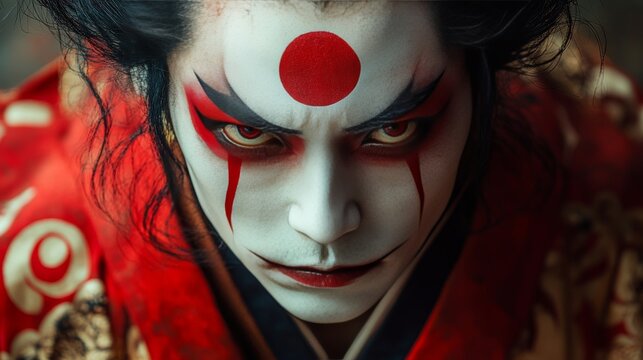 Traditional Japanese kabuki theater poster with an actor in dramatic makeup and elaborate costume --ar 16:9 --stylize 750 --v 6.1 Job ID: 5e8899c9-6059-4fac-8489-2ff1caa2ae18