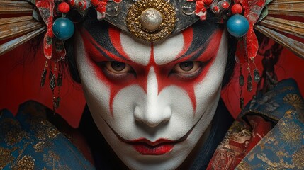 Traditional Japanese kabuki theater poster with an actor in dramatic makeup and elaborate costume --ar 16:9 --stylize 750 --v 6.1 Job ID: 99ea5e42-b569-4919-9115-f3b73b92f0f6