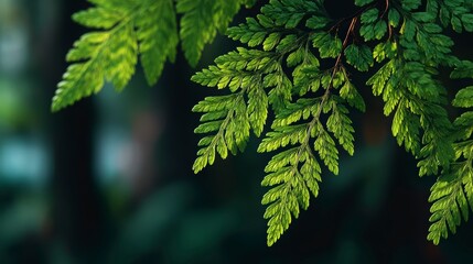 Lush Green Fern Leaves Against a Dark Background in Nature