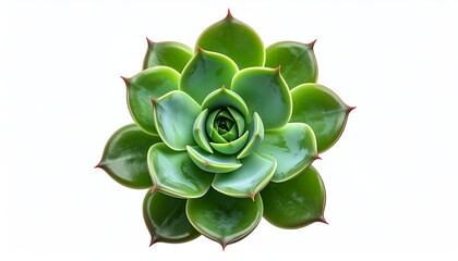 A vibrant succulent plant with deeply textured, bright green leaves, arranged in a symmetrical rosette pattern against a pure white background.