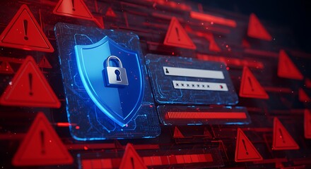 Digital security concept featuring a shield, padlock, and login interface, with warning symbols.