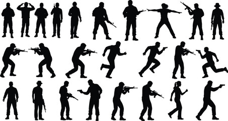 Combat silhouette illustration with firearms, dynamic poses of armed figures in tactical stances, vector design for military, action, and defense themes