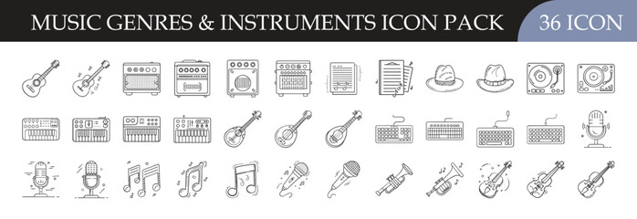 Music Genres and Instruments Outline Icon Pack - Set of 36 line icons featuring musical instruments, notes, records, and genre symbols, perfect for concerts, music apps, and creative projects.

