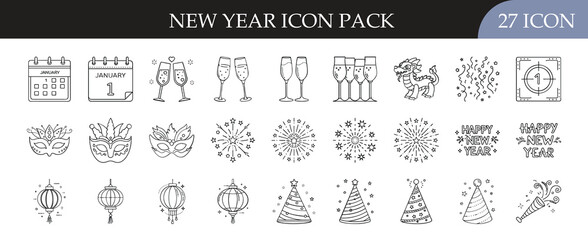 New Year Celebration and Party Line Icons Set - Set of 27 outline icons featuring New Year decorations, fireworks, champagne glasses, masks, calendars, and festive celebration elements for projects.
