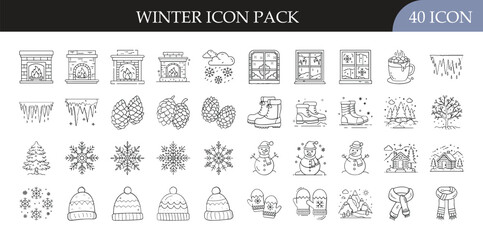 Winter Season and Holiday Line Icons Set - Collection of 40 outline icons featuring winter holidays, snowflakes, trees, warm clothing, decorations, and seasonal activities for festive projects.
