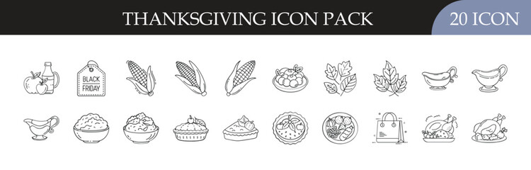 Thanksgiving Celebration and Food Line Icons Set - Set of 20 outline icons featuring Thanksgiving traditions, turkey, autumn leaves, vegetables, pies, feasts, and seasonal holiday decorations
