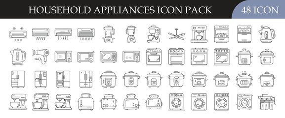 Household Appliances and Electronics Outline Icon Pack - Set of 48 line icons showing kitchen appliances, cleaning devices, and home electronics, perfect for household, lifestyle, and product design