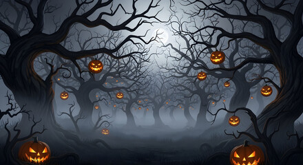 Halloween spooky forest background with pumpkins and moon for halloween themed events and decorations
