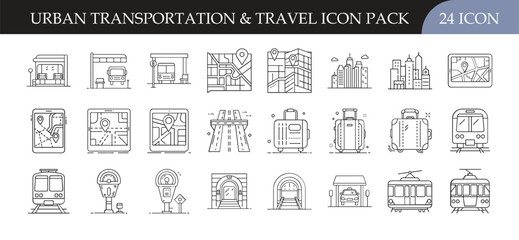 Urban Transportation and City Travel Outline Icon Pack - Set of 24 line icons illustrating city buildings, maps, luggage, metro, buses, and trams, perfect for urban travel and transportation projects.