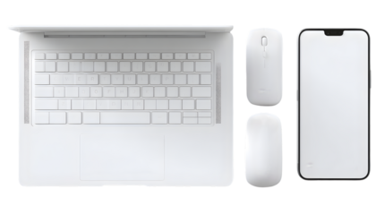 White laptop keyboard and mouse with smartphone isolated on transparent background