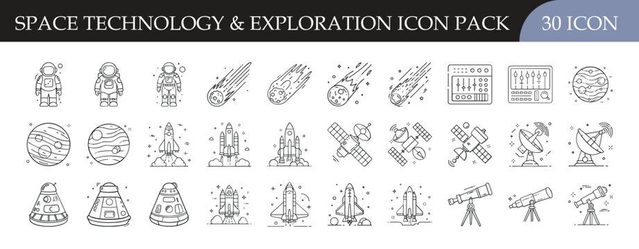 Space Technology and Exploration Line Icons Pack - Collection of 30 outline icons featuring astronauts, rockets, satellites, planets, telescopes, and space exploration technology for science