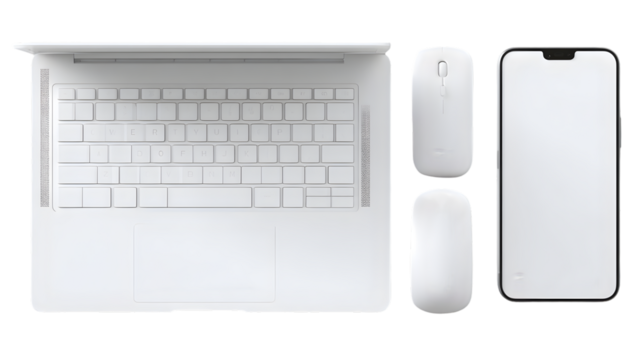White laptop keyboard and mouse with smartphone isolated on transparent background - Powered by Adobe