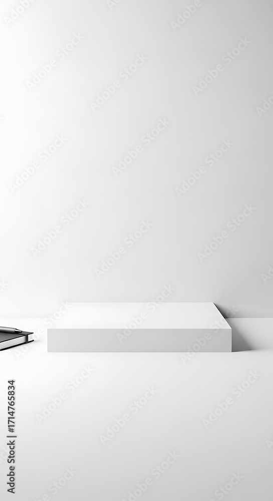 Poster minimalist white studio setup with platform and notebook for display