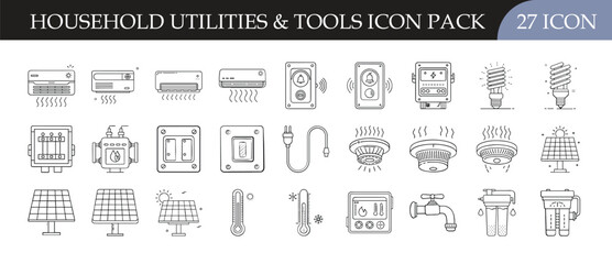 Household Utilities and Tools Line Icon Pack - Set of 27 outline icons illustrating home utilities, electrical tools, plumbing, switches, and fixtures, perfect for repair, construction