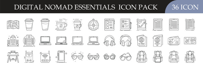 Digital Nomad Essentials Line Icons Collection - Set of 36 outline icons illustrating digital nomad lifestyle, remote work, travel gear, technology, workspace tools, and modern freelancing essentials.